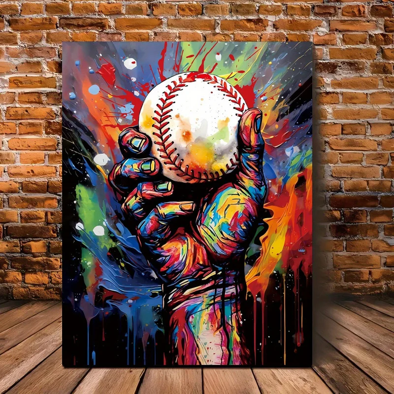 1pc baseball canvas wall art with wooden frame, hand holding ball graffiti artwork, anniversary sports decor gift, vibrant abstr