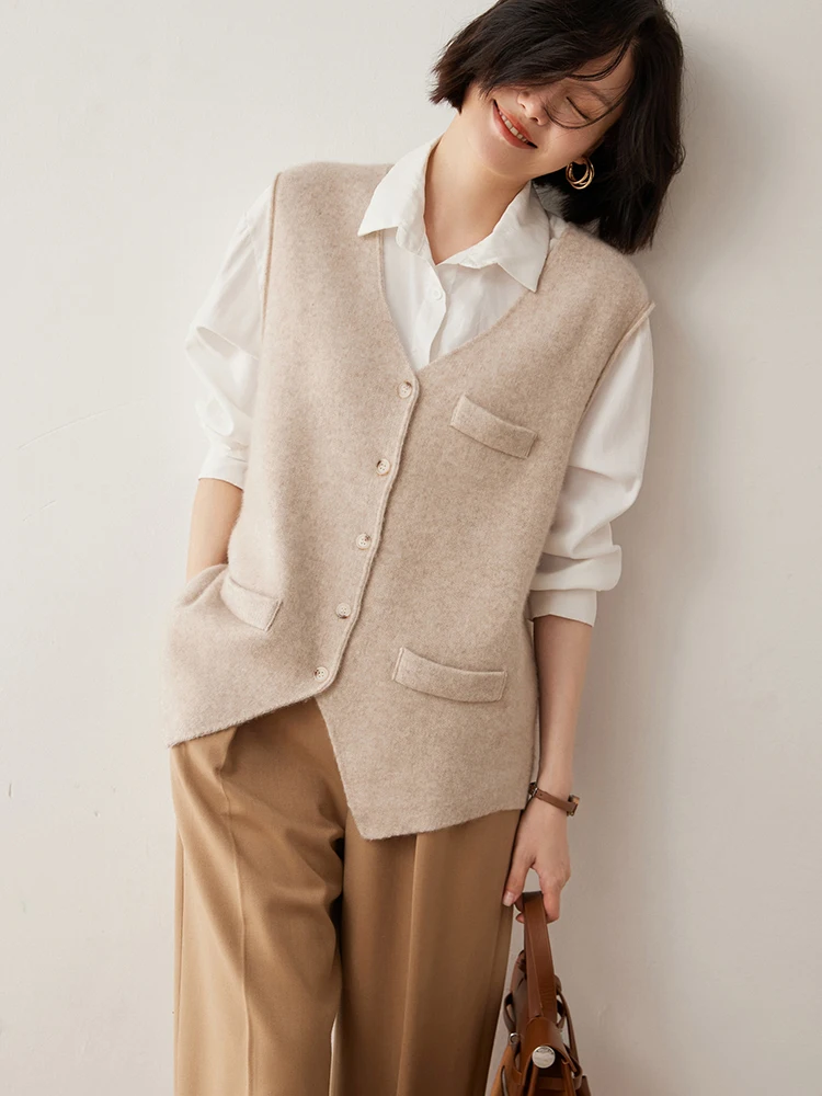 Autumn Winter Women Vest 100% Cashmere Sweater Cardigan Ladies V-Neck Sleeveless Knitted Cardigans Female Casual Tank Tops