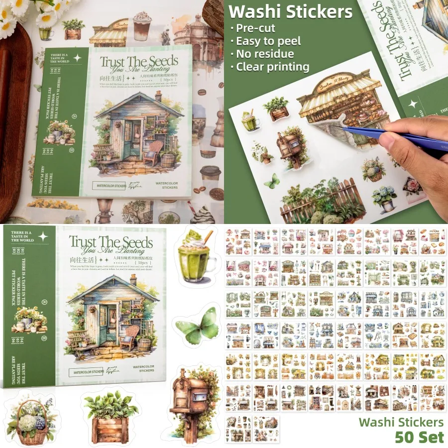 

Beautiful Garden Theme Sticker Scrapbooking Supplies for Junk Journal 50 Sheets Washi Stickers - Vintage Journaling Stickers Ep