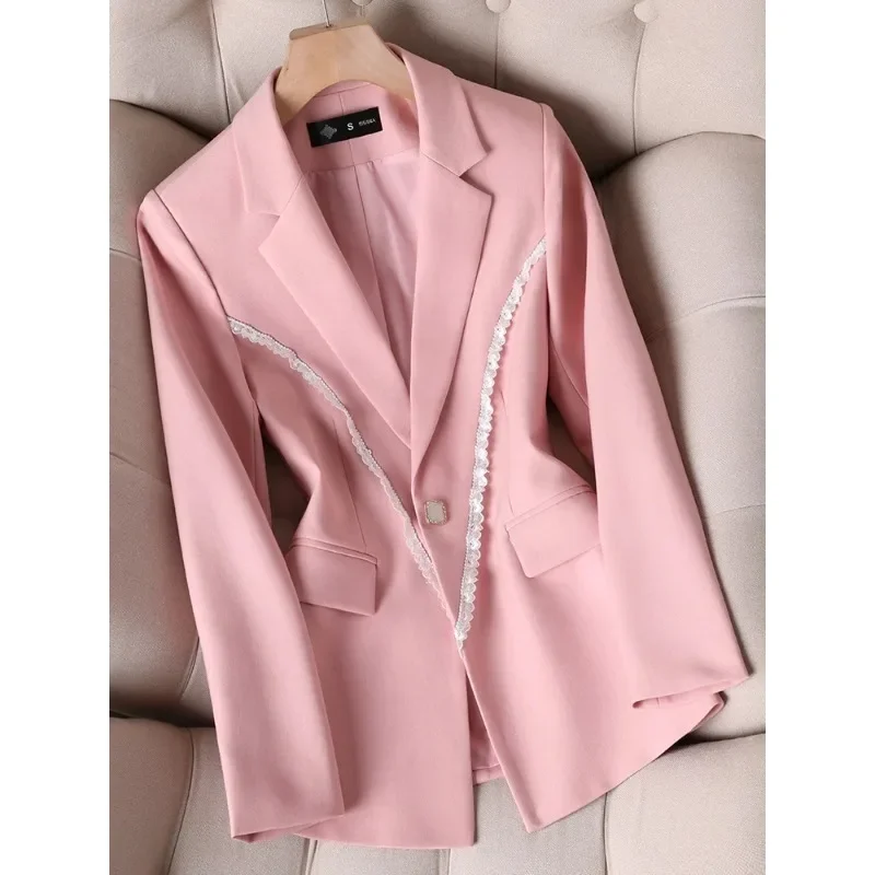 Fashion Spring Autumn Pink White Women Slim Blazer Long Sleeve Single Button Office Ladies Jacket Business Work Wear Formal Coat