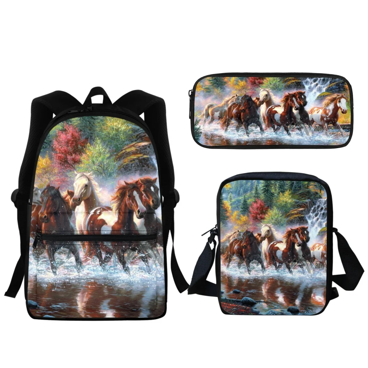 3D Horse Designer Printing Travel Student Backpack Boys Girls School Bag Set 3 Pieces Kids Lunch Small Satchel Bag Learning Tool