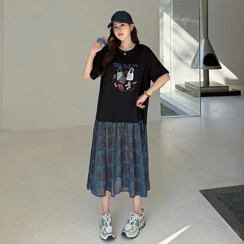 女性用ルーズTシャツドレス,花柄パッチワーク,黒婦人服,新品,夏,ke6834,2020