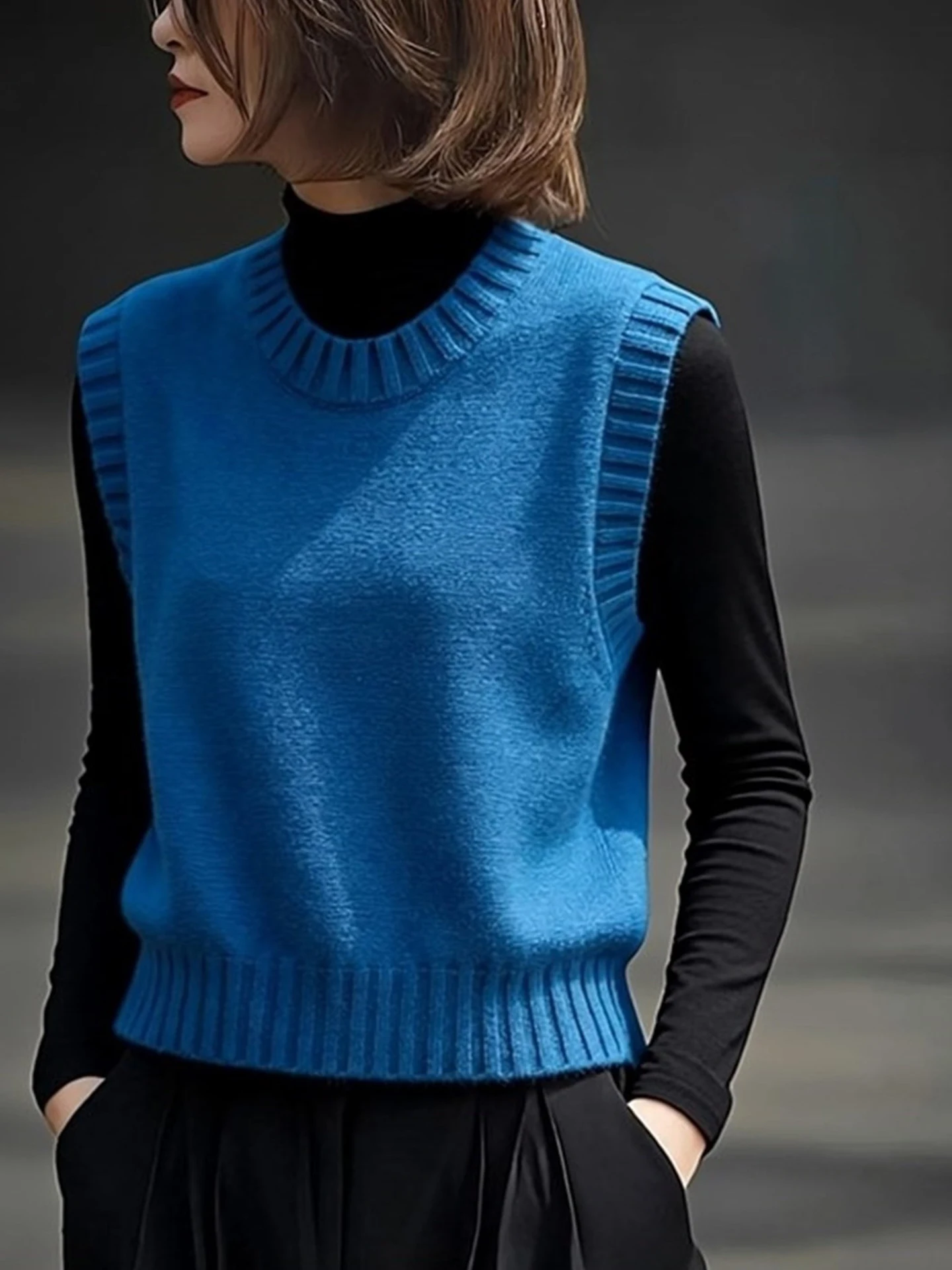 Comfortable Blue Knitted Vest Simple round Neck Base Shirt Autumn Winter Fashionable Personality High Quality Lazy Style Wome...