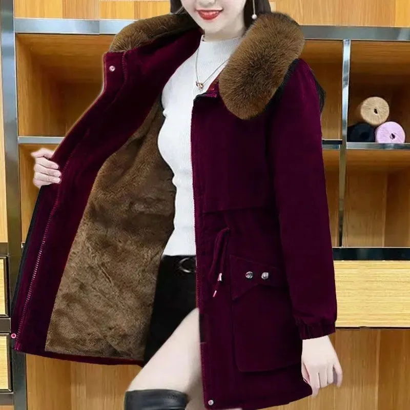 Thickened Mother Cotton-Padded Jacket Cashmere Imitation Noble Ladies Coat Parker Medium Long Korean Loose Winter Outerwear