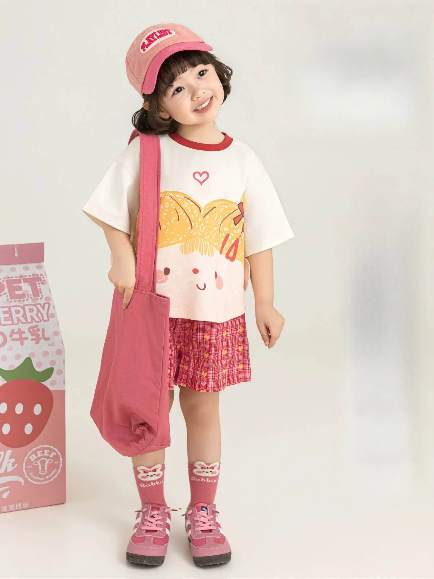 Girls Summer Outfit Cartoon Printed Antibacterial Round Neck Short Sleeve T-shirt Plaid Breathable Cool Shorts Two Piece Set