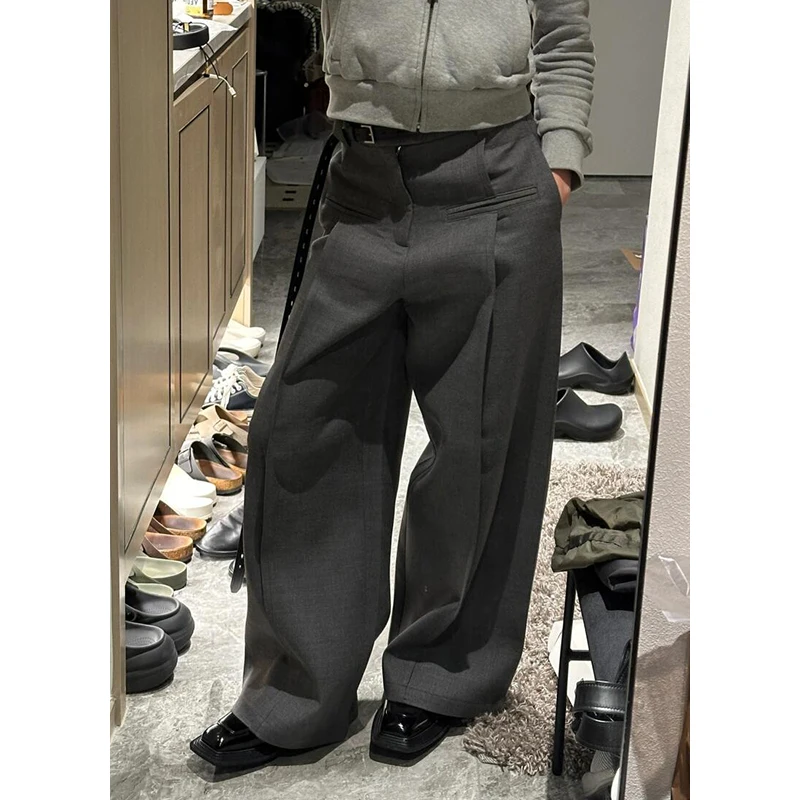 

PBAP повседневные женские драпированные плиссированные брюки с высокой посадкой и лоскутными карманами, однотонные широкие прямые брюки, винтажная офисная женская одежда