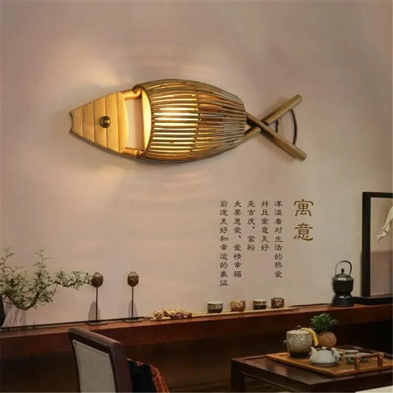Creative Chinese Country Style Handmade Bamboo Fish Led E27 Wall Lamp For Restaurant Bar Aisle Living