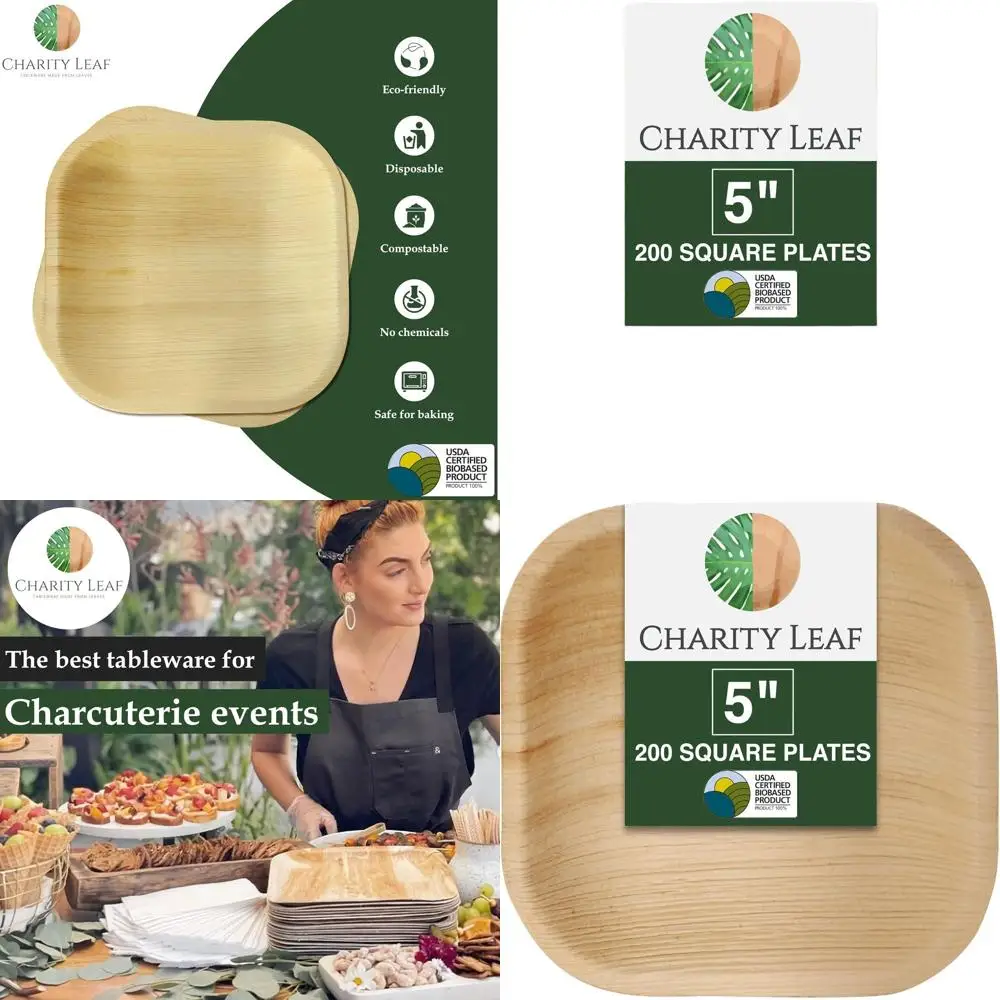 

Eco-Friendly Palm Leaf Square Plates (200 Pack) - Bamboo-Style Disposable Platters for Weddings, Catering, and Events