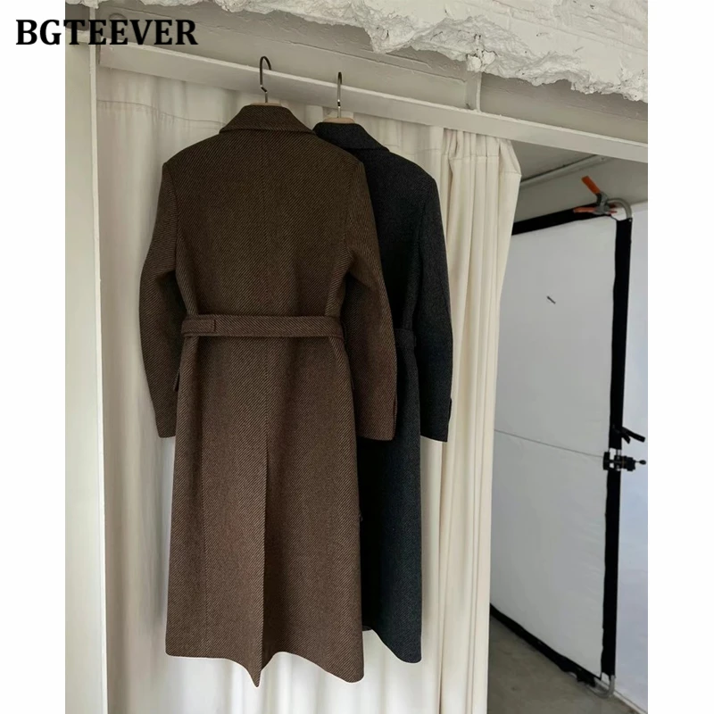 BGTEEVER Casual Warm Loose Female Long Woolen Jacket Winter Fashion Long Sleeve Lace-up Women Thicken Blend Coats Ladies Outwear