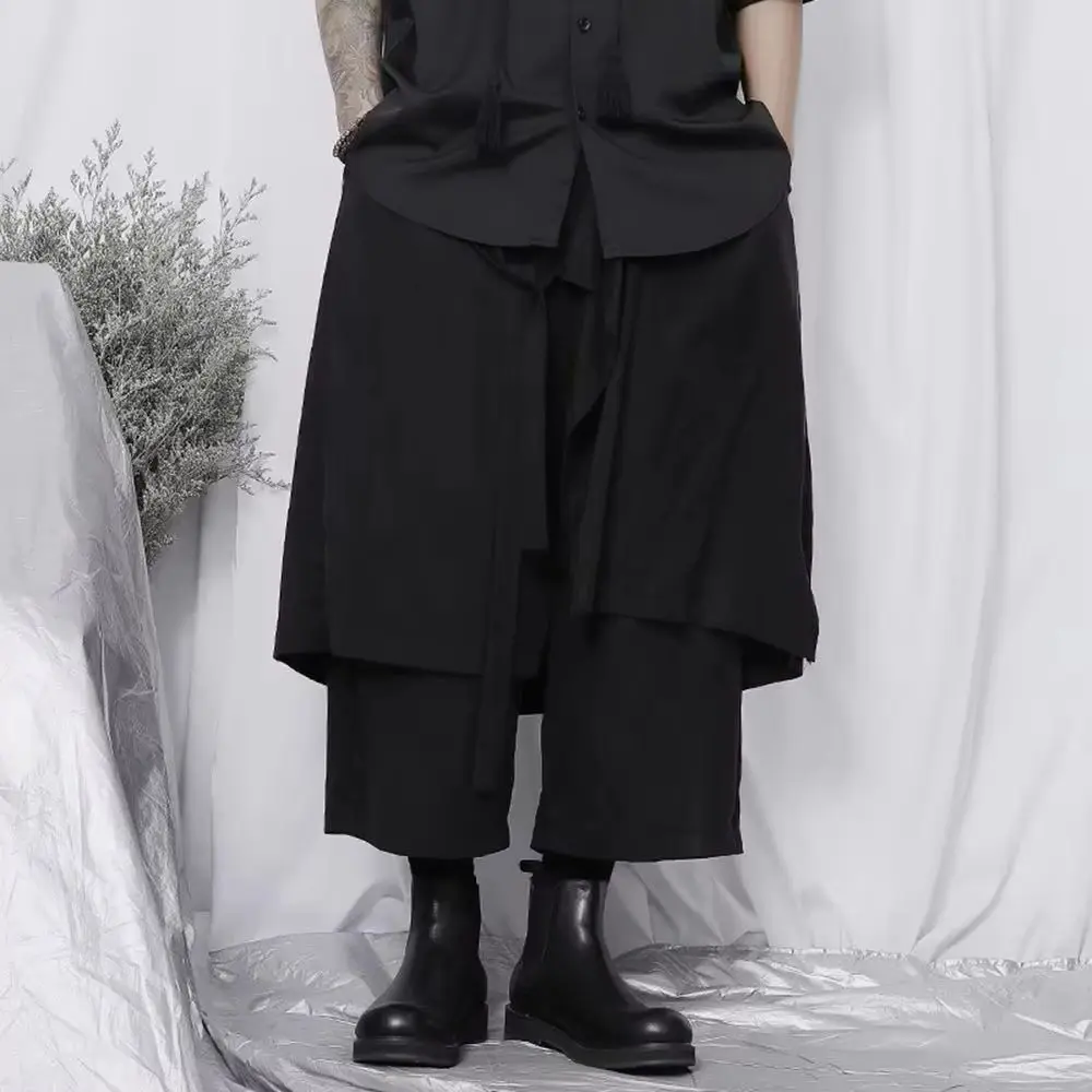 

Брюки-юбка Y2K в стиле дарк с двойным слоем и лентами по бокам, унисекс, в стиле самурая, уличная мода, готика, молодежные повседневные брюки-хакама