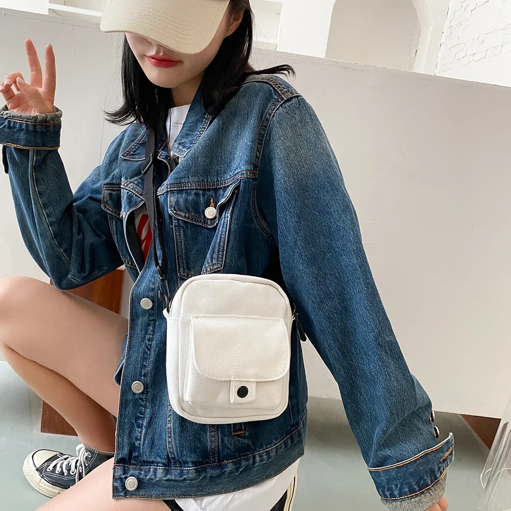 Fashion Women Canvas Shoulder Handbags Korean Solid Color Student Phone Purse Simple Zipper Small Messenger Crossbody Pouch 2022