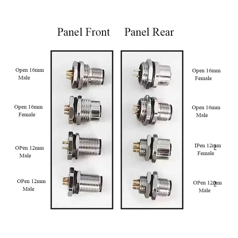 Waterproof M12 4 5 8 12 Pin Cable Connector IP68 Male Female Aviation Socket with 20CM Wire Open 12mm/16mm Panel Mount Sockets