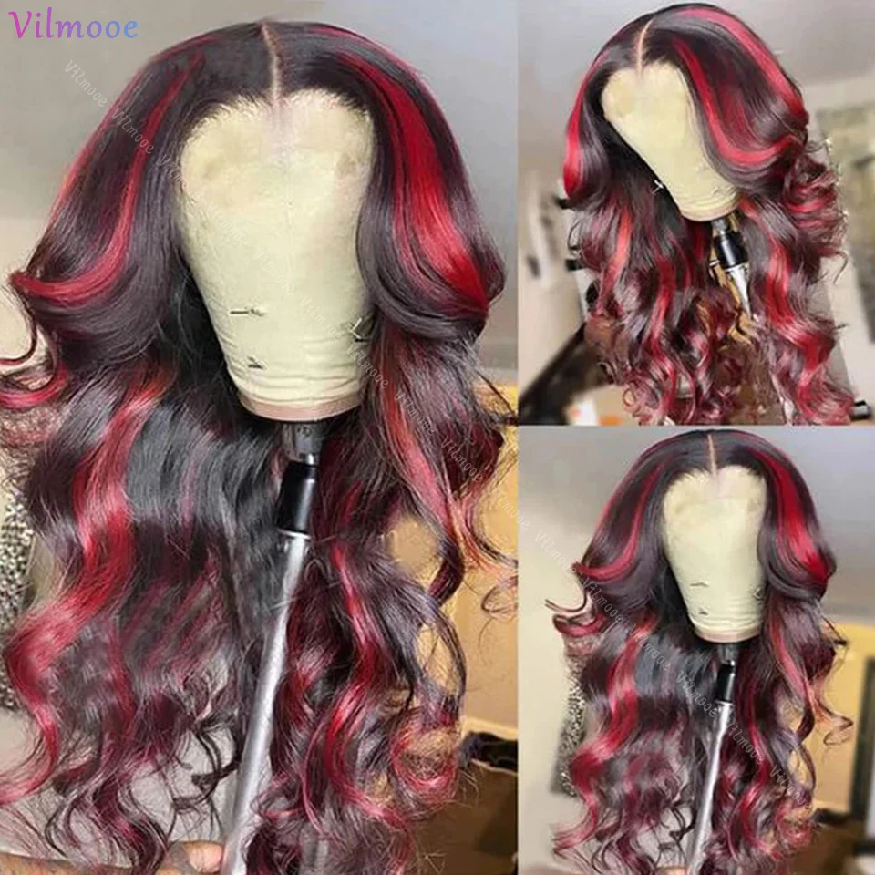 Destaque 99j borgonha onda do corpo 13x4 hd couro cabeludo boné peruca frontal do laço vermelho colorido ondulado perucas de cabelo humano fechamento do laço perucas para mulher