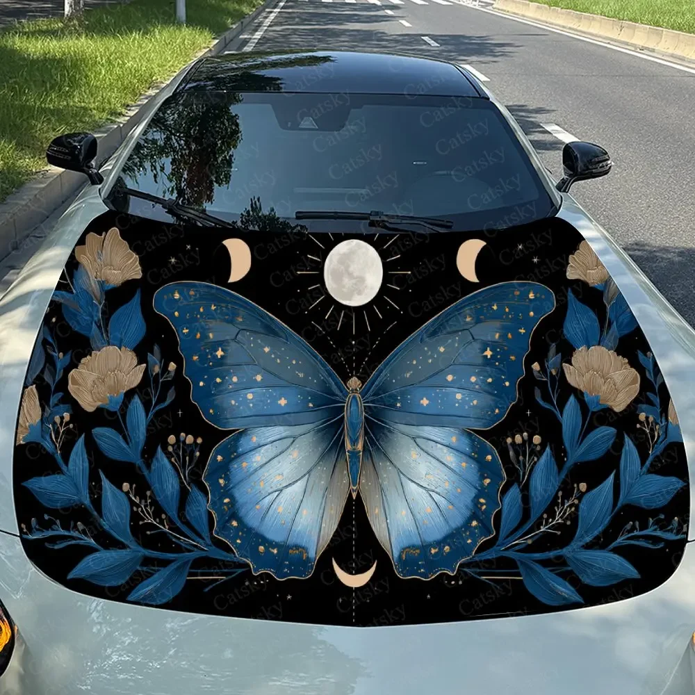 Lunar Phase Blue Butterfly Car Vinyl Wrap, PVC Waterproof Car Hood Sticker, Self-Adhesive Scratch-Resistant Stickers