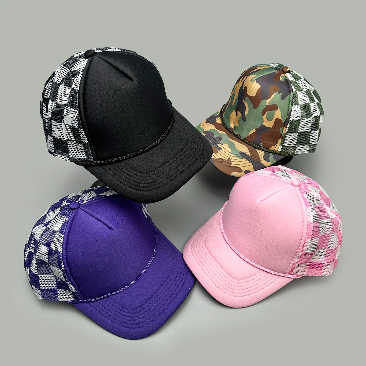 Simple Solid Plaid Camouflage Color Baseball Hats New Unisex Sunshade Color Block Breathable Casual Versatile Mesh Trucker Caps