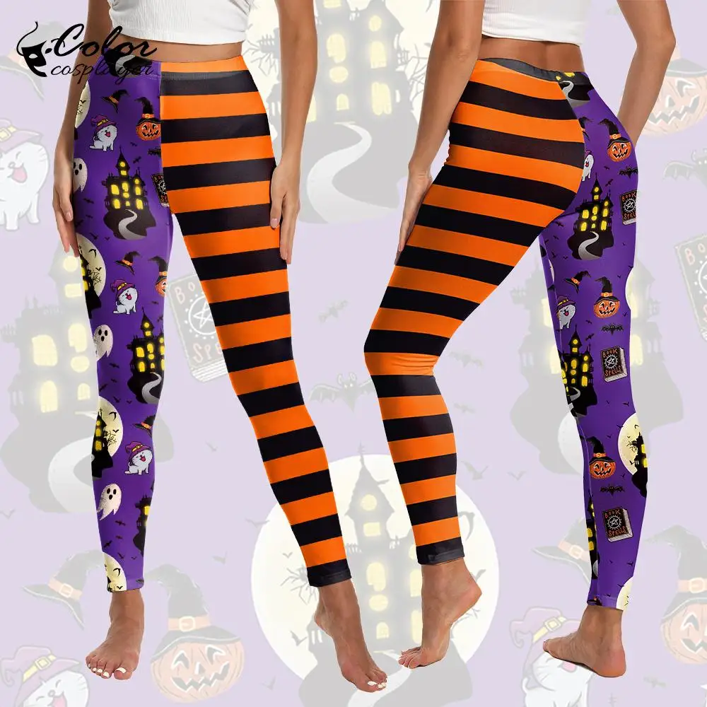 Color Cosplayer Halloween Legging for Women Pants Holiday Party Witch Trousers Carnival Pumpkin Pattern Cosplay Costume Adult