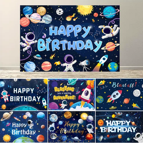Fondo de planeta exterior de dibujos animados de astronauta espacial, decoración para fiesta de cumpleaños para niños, cartel para Baby Shower, accesorios de fotografía