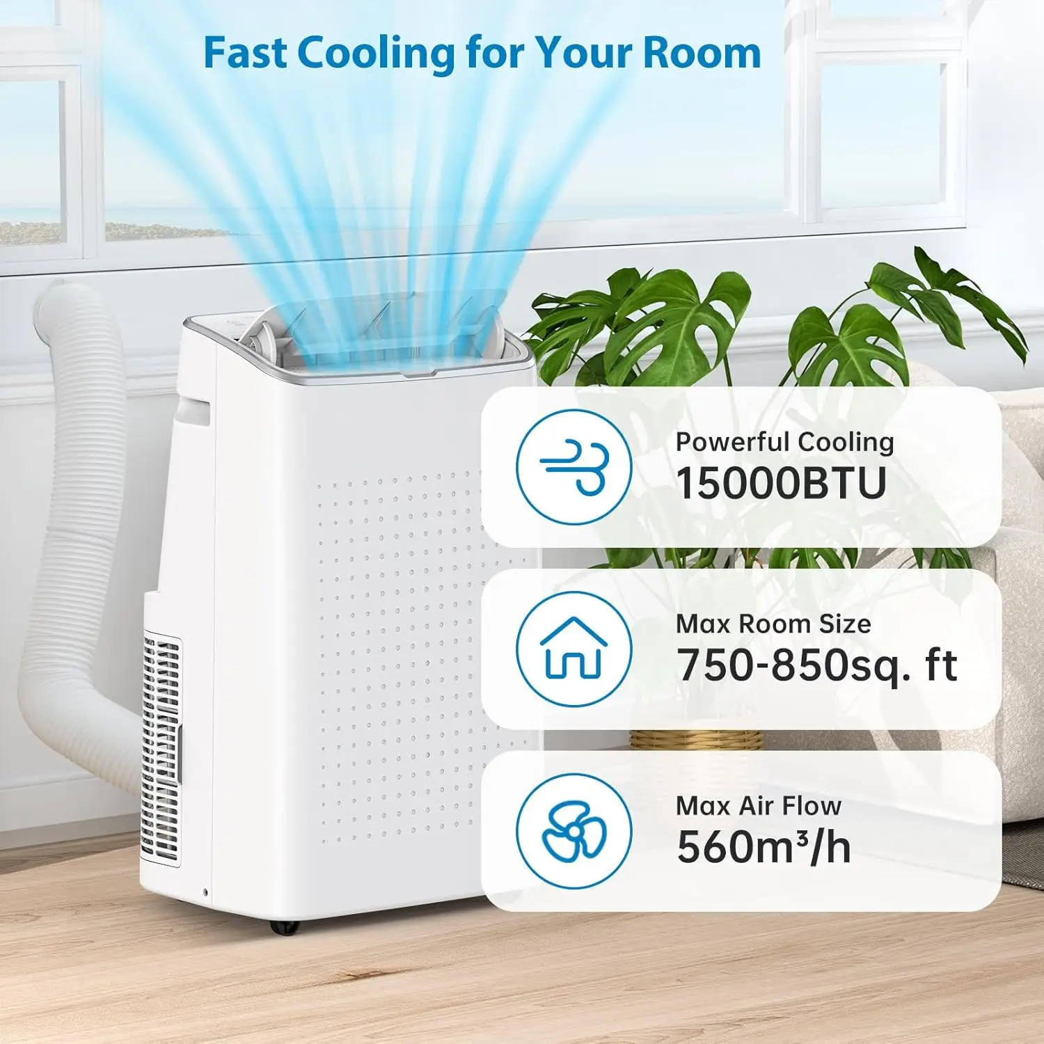 15000 BTUs Portable Air Conditioner with Cooling, Dehumidifier, Fan 3-in-1 Room Air Conditioner, 24 Hour Timer/Sleep Mode, Cools up to 850 Sq. Ft. for Home Garage Office