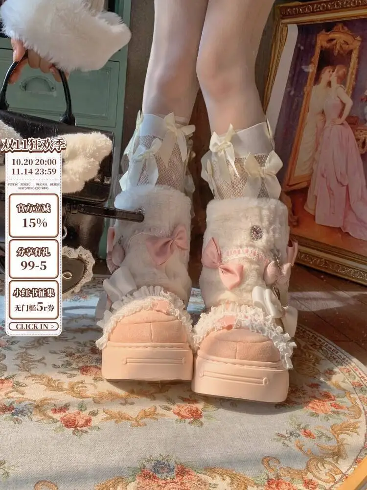 Women's Japanese Lolita Boots Cosplay Costumes Shoes Cute Bowknot Snow Boots  Faux Rabbit Fur Thick Soled Winter Warm Ankle Boot