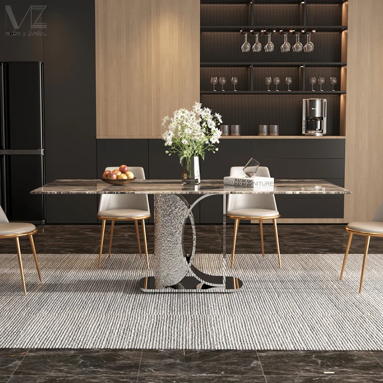 Italian Full Kitchen Stainless Steel Leg Dinning Table Room Furniture 4 Seater Marble Sintered Stone Top Dining Table