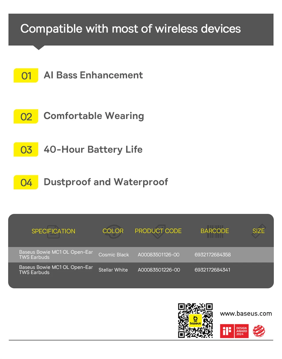 Baseus Bowie MC1 Ohrclip, kabellose Kopfhörer, Bluetooth 5.4, offene Ohrhörer, aufsteckbare Sport-Ohrhörer, IP57, wasserdicht, AI-Bass – Detail 21