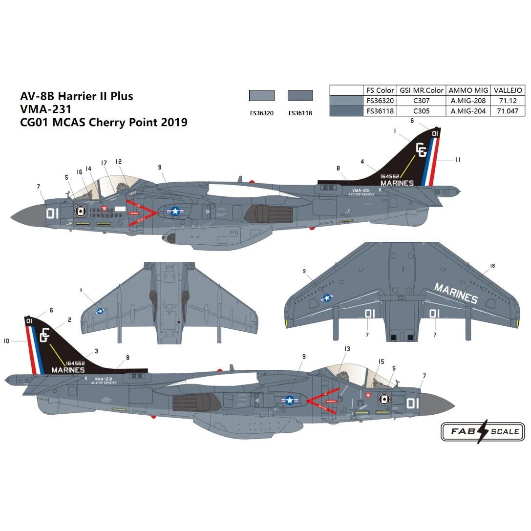 FabScale AV-8B Harrier II Plus VMA-231 CG01 MCAS Cherry Point 2019 ملصق مرن مقطوع بالقالب لـ 1/48 HASEGAWA Eduard Revell UMA