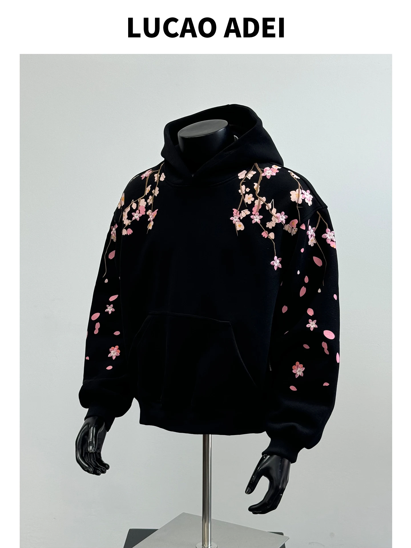 

2025 Autumn New American Trend Long Sve Sakura Embroidery Hoodie Sweatirt Bla ex Casual Sportswear Cotton Polyester
