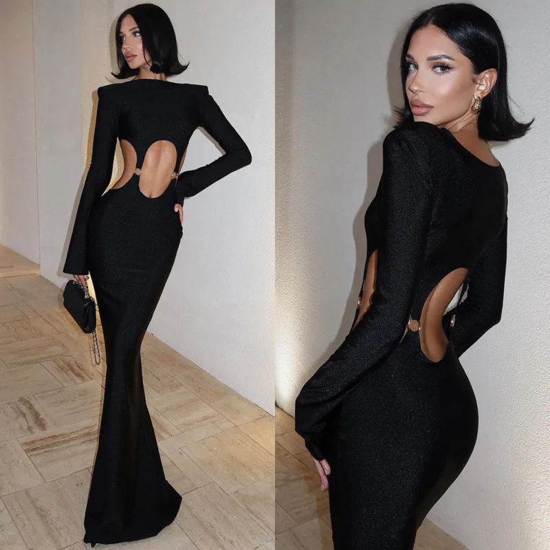 Sexy Hollow Metal Ring Dress Fitted Solid Long Sleeve Vest Dress Fashionable Lady Banquet Evening Gown Elegant High-Waist Dress