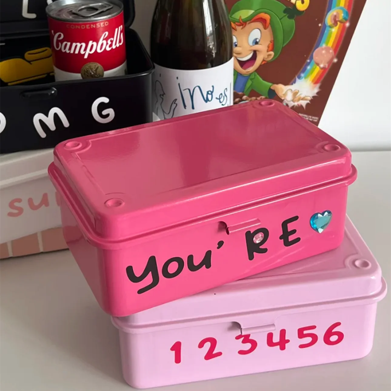 MINKYS Kawaii Multifunctional Metal Desktop Storage Box With 2PCS DIY Stickers Cards Photos Clips Organizer Collection Box