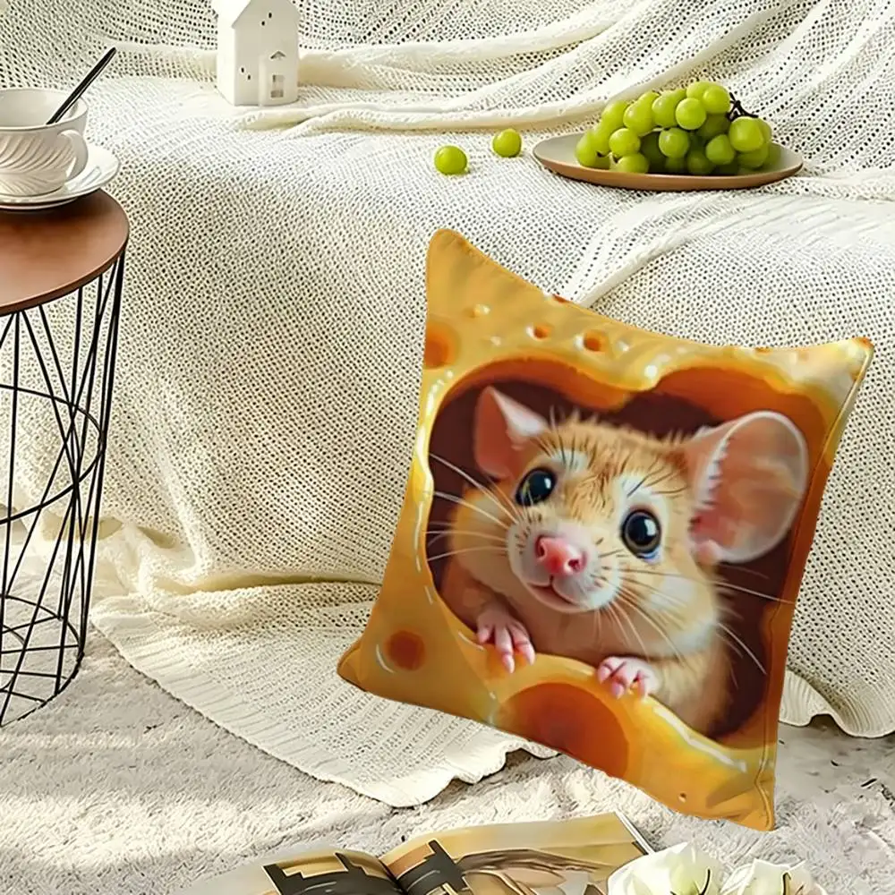 Kawaii C-Cute Mouse in Cheese Soft Pillow Shell For Sofa Living Space Bedroom Headboard Backrest Square Cushion Cozy