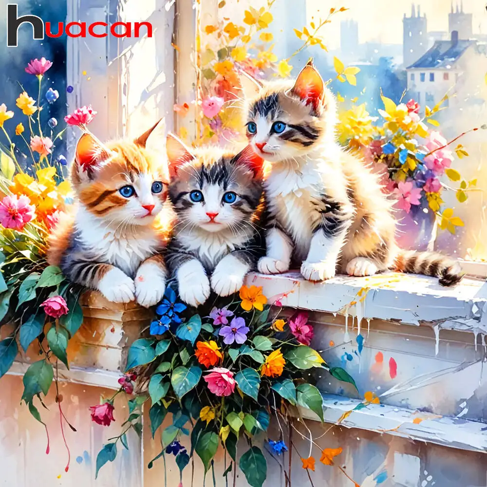 Huacan DIY Diamant Malerei Katze Blume Diamant Mosaik Tier Komplettset Dekorative Gemälde