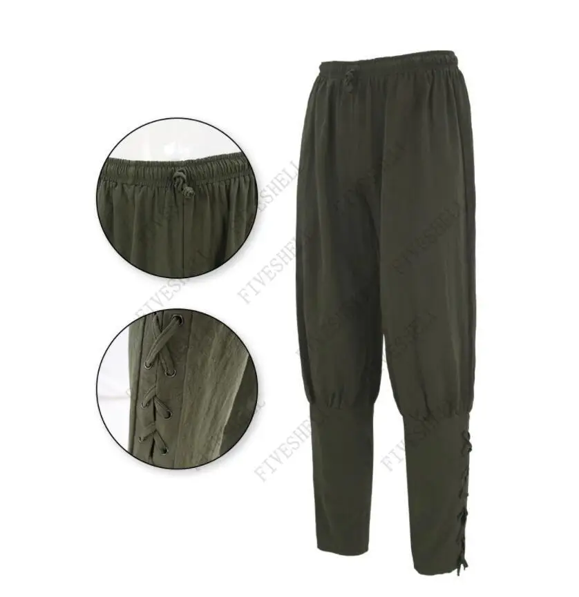 Viking pirata cavaleiro fantasia masculina, calça de linho vintage, lounge de atadura no tornozelo, calça camponesa solta, renascimento medieval, larp