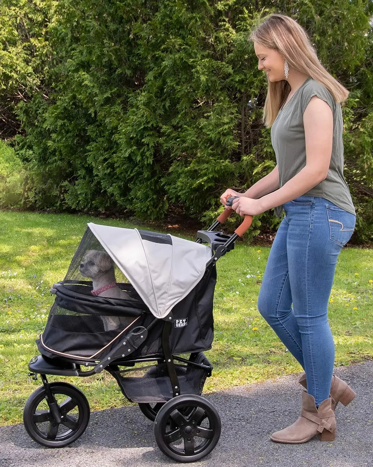 Perlengkapan hewan peliharaan tanpa ritsleting AT3 Stroller hewan peliharaan untuk kucing/anjing, entri tanpa ritsleting, lipat satu tangan mudah, ban Jogging, lapisan yang bisa dilepas, pegangan cangkir