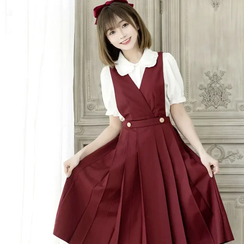 Vestido de tirantes japonés Lolita para niña, vestido plisado sin mangas, uniforme de escuela secundaria, uniforme rojo JK, vestido de verano para estudiantes Seifuku