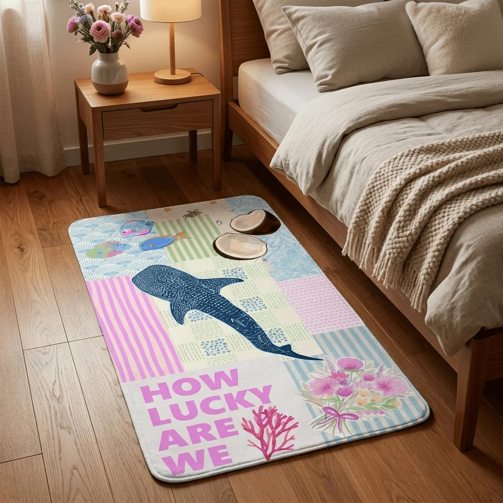 VIKAMA Whale Shark Entrance Doormat Patchwork Ocean Floral Coconut Shell Letter Print Non‑slip Household Front Door Floor Mat