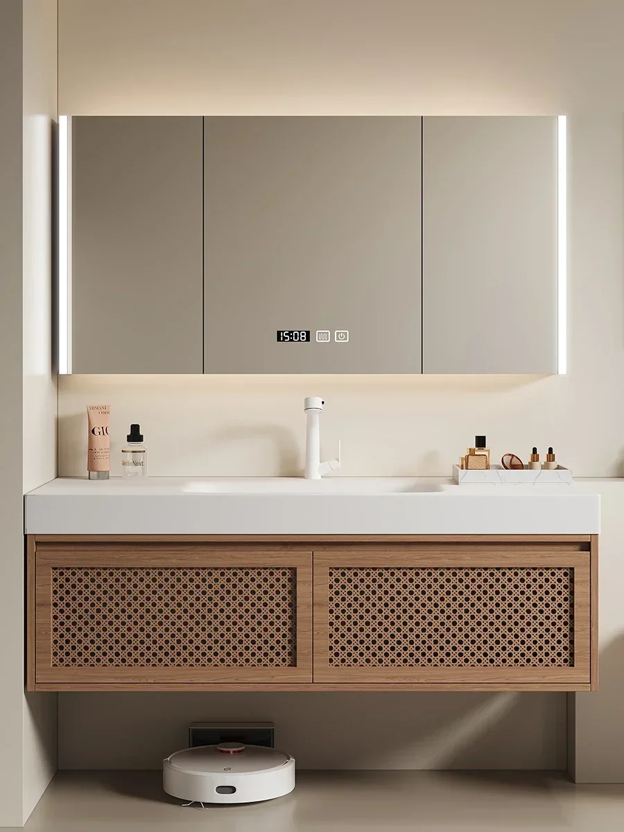 Rattan bathroom cabinet combination integrated basin oak skin washing table