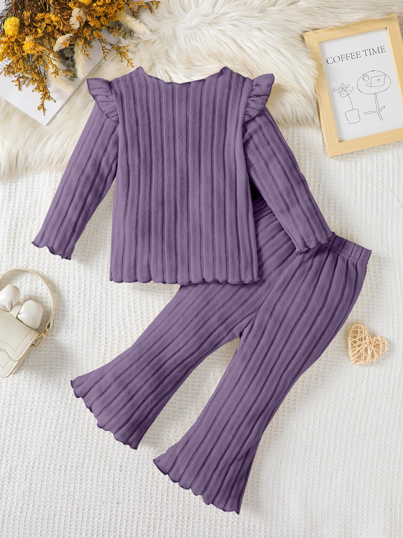 Girls Baby Outfit Solid Color Long Sleeve round Neck Top with Pants 2PCS Set Wooden Edge Design Casual Versatile for Winter