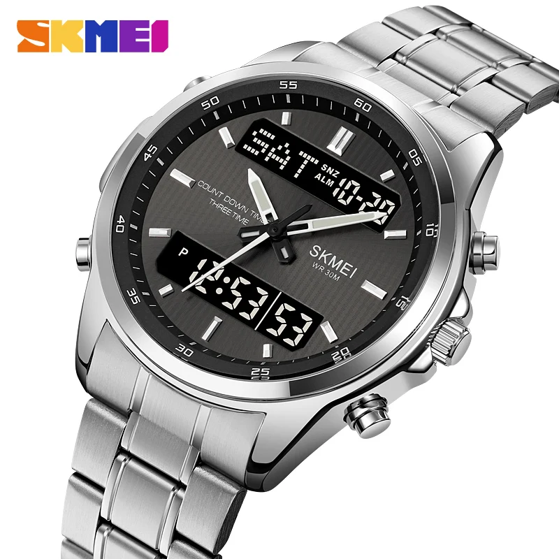 SKMEI Luxury Full Steel Back Light 3 Time Display Countdown Digital Sports Watches Men Waterproof Wristwatch Alarm reloj hombre