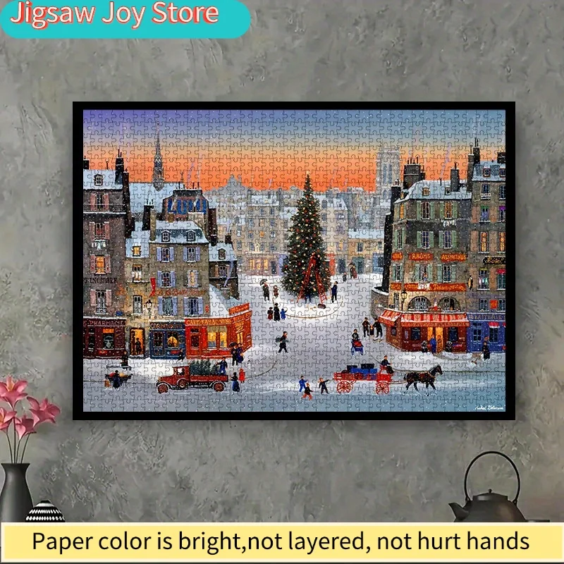 1000ピース DIY クリスマスジグソーパズル - 魅力的なパリの雪に覆われた街並み、赤い馬車とホリデーデコレーション付き、高品質の厚紙