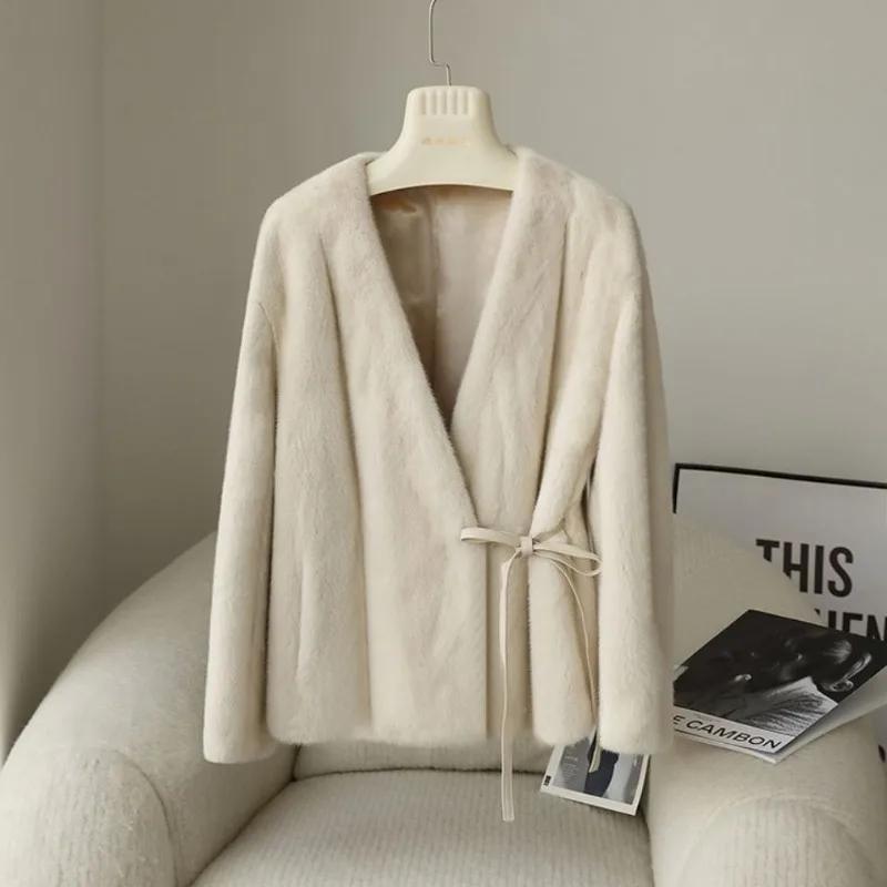 

Women's Autumn Winter Tops Coats Faux Fur V-Neck Tie-Front Eco-Friendly Fitted Waist Relaxed Fit Cropped Length New Casual Fit