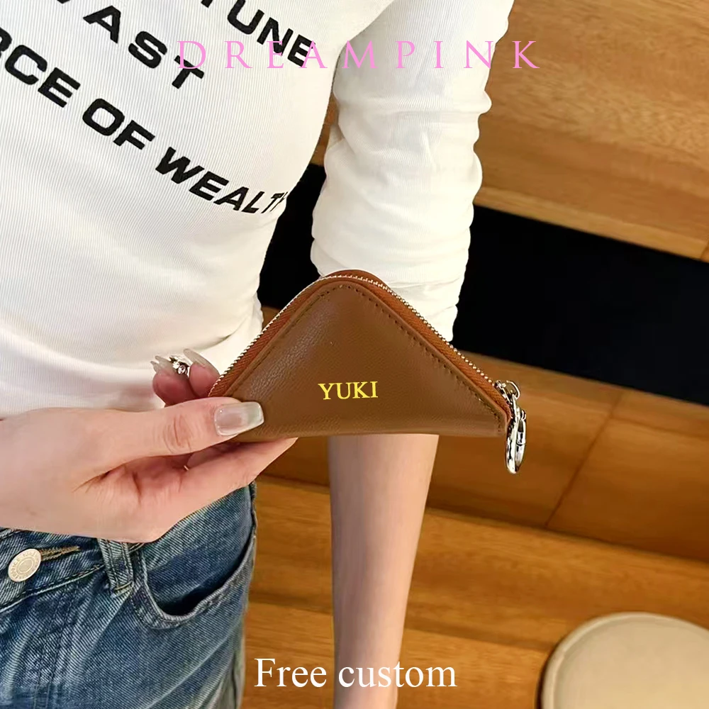 

Custom Name Mini Zip Key Coin Purse Personalized Fancy Triangle Genuine Leather Keychain Wallet Earphone Storage Handbag Charms