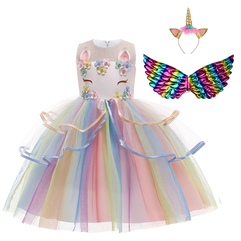 

Carnival Costume Little Girl Pastel Unicorn Appliques Flower Elegant Princess Dress With Wing Headband Birthday Party Ball Gown