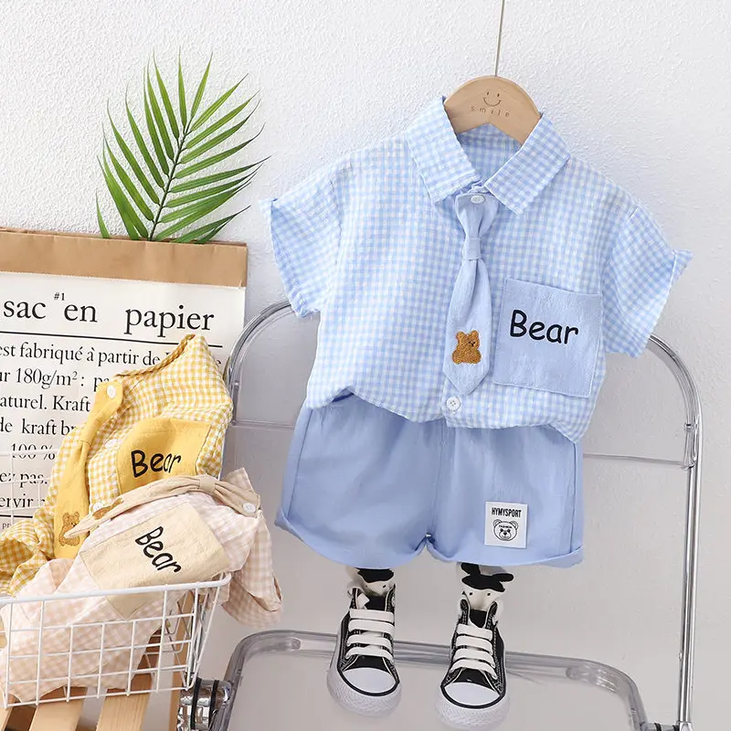 Summer Casual Newborn Baby Boy Toddler Causal ClothesPlaid Shirt Tops Pants 2Pcs/Set With Tie Cotton Kids Outfits Clothing Suit