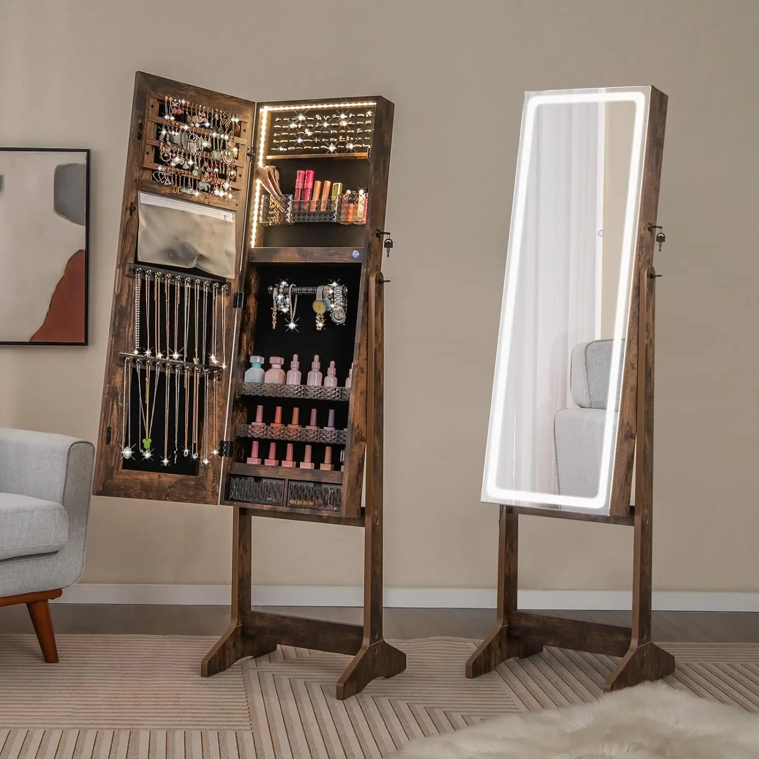 LED Mirror Jewelry Cabinet - Lockable Jewelry Armoire with Touch Screen Lighted Full Length Mirror, 3 Lighting Settings