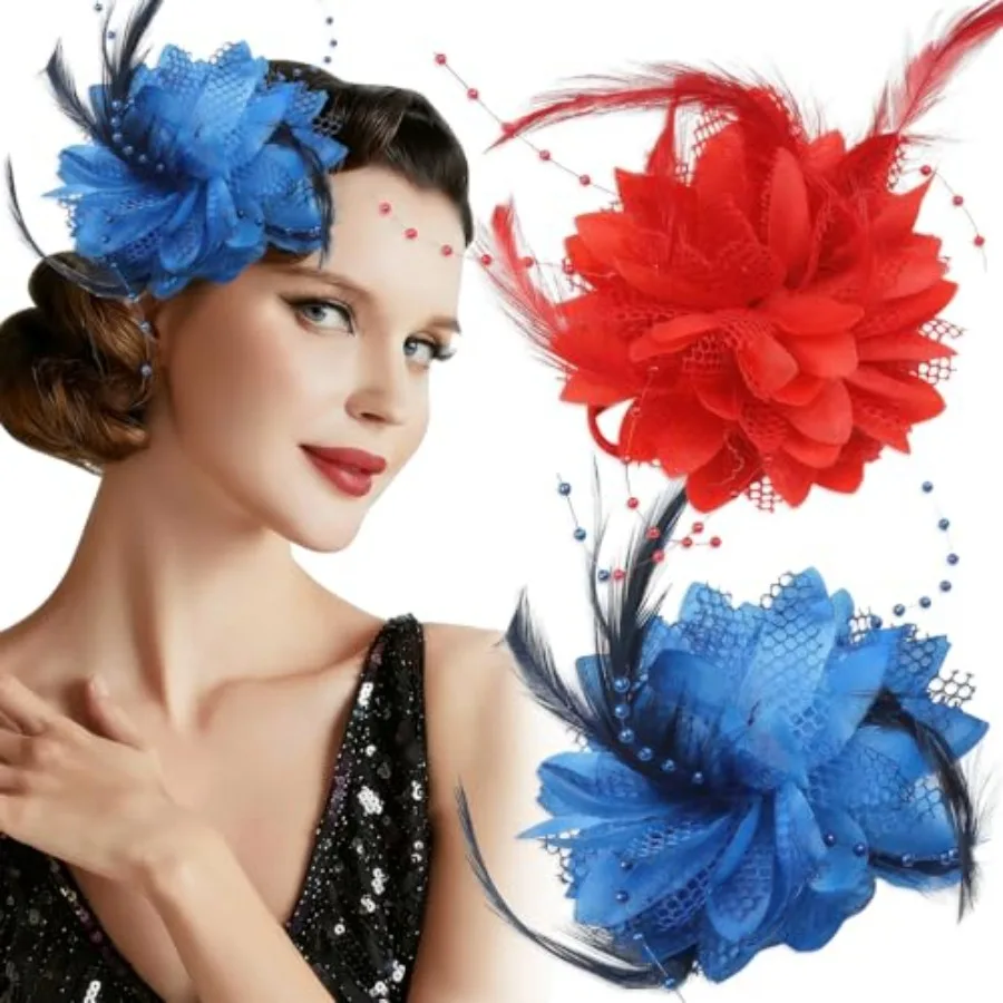 

2 Pcs Fascinator Feather Flower Hair Clip with Beads Vintage Large Floral Hair Scrunchie Bridal Wedding Prom Headpiece Hair Acc