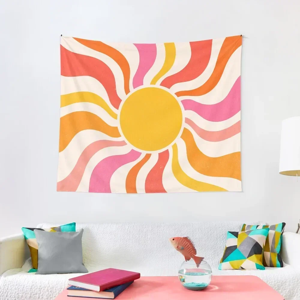 Sun Retro 70s Colorful Orange Pink Sunrays Tapestry Aesthetic Room Decorations Anime Decor Tapestry