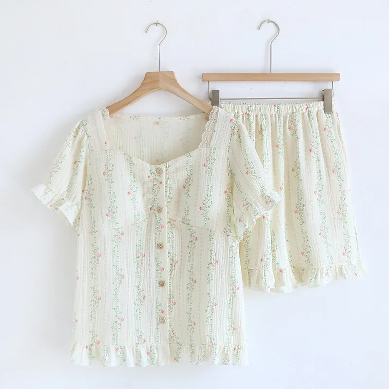 Conjunto de malha 2025 pijamas de verão roupa de dormir feminina novo com almofadas no peito pijamas soltos presente feminino camisolas para mulheres