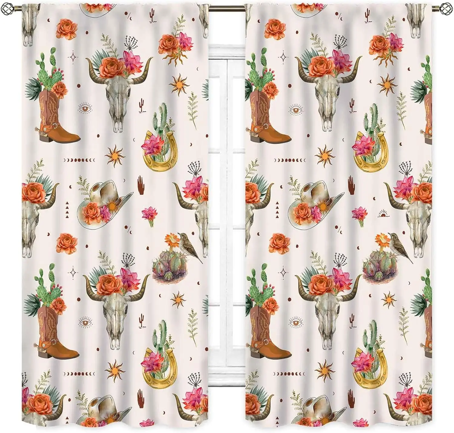 Western Cowgirl Curtains Cow Skull Cactus Boot Print for Bedroom Southwestern Window Decor