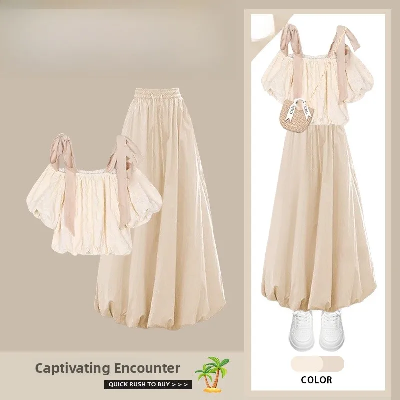 Zomeroutfit Dames 2025, nieuwe Koreaanse Sle Dopane ort Sve-top met afslankende bloemknoprok, tweedelige set