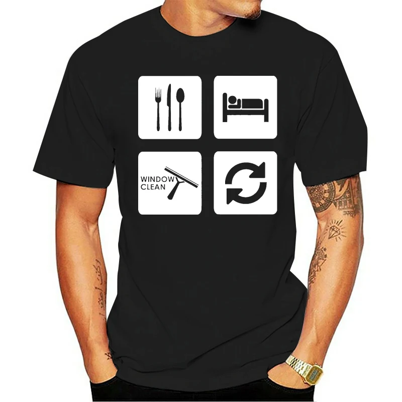 2025 New Fashion Tee Shirt Eat Sleep Window Clean Repeat Mens T-shirt Funny Ladder work wear chamois bucket Summer T-shirt